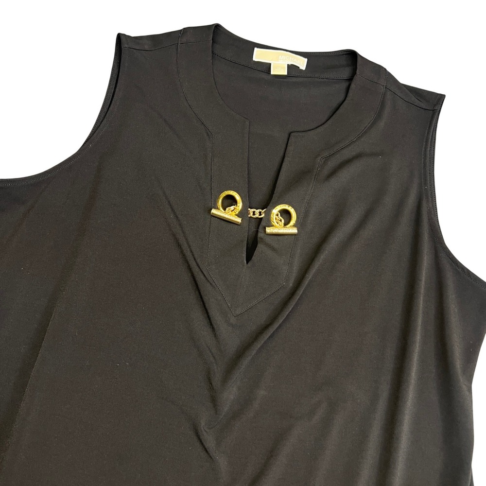 Michael Kors Womens 1X Black Sleeveless Split Neck Gold Hardware Blouse Top